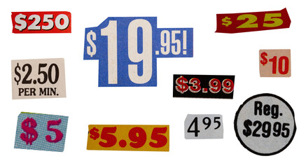 Cut out magazine vintage labels, price, offer, discount, words, stickers, tags, sign and more, collection of different designs from vintage 90's magazine, png isolated on transparent background	