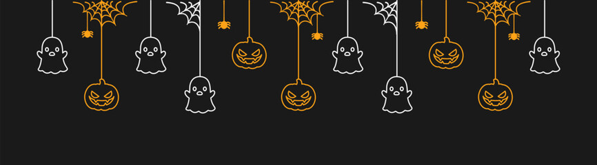 Happy Halloween banner or border with glowing ghosts and jack o lantern pumpkins. Hanging Spooky Ornaments Decoration Vector illustration, trick or treat party invitation