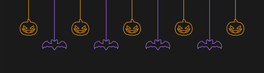 Happy Halloween banner or border with glowing bats and jack o lantern pumpkins. Hanging Spooky Ornaments Decoration Vector illustration, trick or treat party invitation