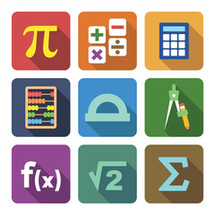 Vector set of Math icons flat style with long shadow. Pi number, operations, calculator, abacus, protractor, compass, function, square root, summation glyph, math symbols concept vector illustration