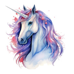 Watercolor illustration of a blue unicorn with a red mane on a transparent background suitable for various uses