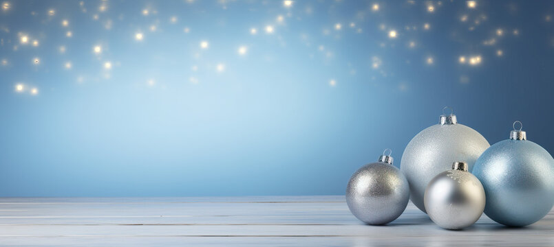 Elegant Silver Christmas Ornaments on Blue Bokeh Light Background. Christmas concept with copy space