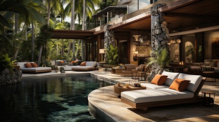Tropical Outdoor Patio: Palms & Poolside Lounge Generative AI