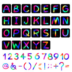 Rainbow alphabet letters and numbers of letters on black space background.