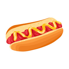Hot dog with sausage, mustard, ketchup sauce vector illustration. Cartoon drawing of fast food. Junk food concept