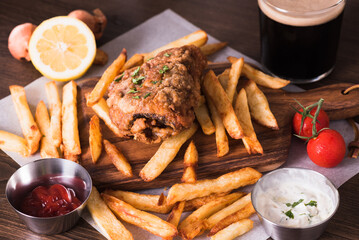 Fish and chips with black beer