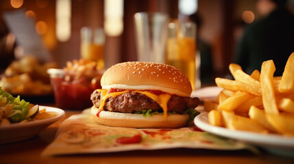 hamburguesa, restaurant, comida rápida, papas fritas, cerveza, hamburguesa con queso