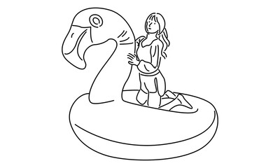 line art of woman sitting on swimming flamingo tires
