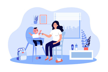 Happy mother feeding son in baby chair vector illustration. Drawing of woman with kid and parenthood essentials, baby bottle, wet wipes, rattle. Motherhood, family, parenting concept