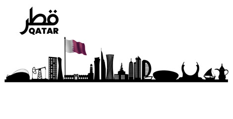 Fototapeta na wymiar Qatar skyline horizontal banner. Black and white silhouette of Qatar WITH FLAG. Vector template for your design