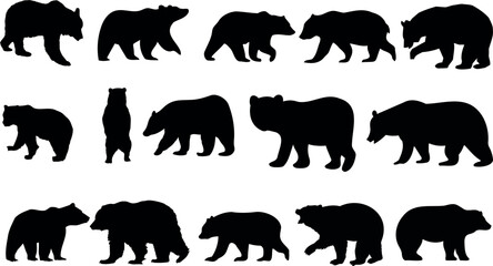 Captivating vector illustration of Bear or Ursus americanus silhouettes in various poses, perfect for wildlife enthusiasts and nature-themed projects. The monochrome design adds a modern touch