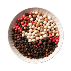 Assorted peppercorns in a bowl close up