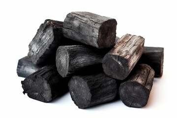 Obraz premium Natural wood charcoal Isolated on white background, traditional charcoal or hard wood charcoal