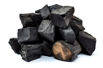 Natural wood charcoal Isolated on white background, traditional charcoal or hard wood charcoal - obrazy, fototapety, plakaty