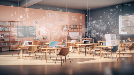 Generative ai picture collage of classroom interior with school desks chair for teaching learning...