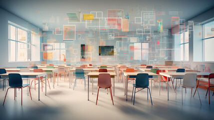 Generative ai picture collage of classroom interior with school desks chair for teaching learning students - Powered by Adobe