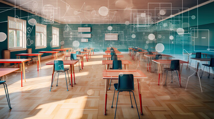 Generative ai picture collage of classroom interior with school desks chair for teaching learning...