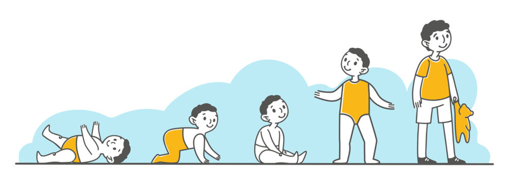 Development stages of little boy vector illustration. Child growing from newborn baby to infant, toddler and preschool kid, boy lying, crawling and standing. Childhood, growth, development concept