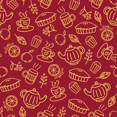 Decorative cozy autumn doodle seamless pattern. Hygge stylized decorative print or background with autumn doodle elements