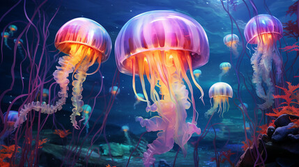 Jellyfish swimming in the sea. Underwater world ai generated