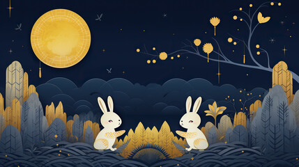 Obraz na płótnie Canvas Trendy mid autumn festival design with full moon, cute bunnies, lines on dark blue background. Flying yellow leaves. Translation from Chinese - Mid-Autumn Festival. Vector