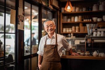 Senior barista Asian Grandpa coffee shop business owner - obrazy, fototapety, plakaty