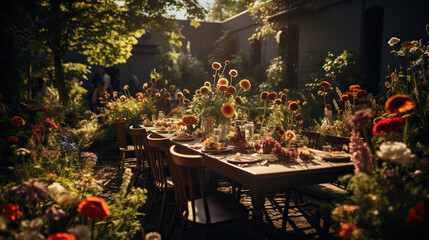 Fototapeta na wymiar Frisch geerntete Quitten präsentiert auf einem Tisch im Garten im Sonnenschein.