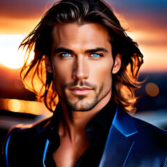 Handsome man with long dark hair and blue eyes