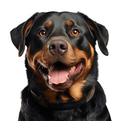 Rescued Rottweiler smiling in studio with tongue out and light transparent background