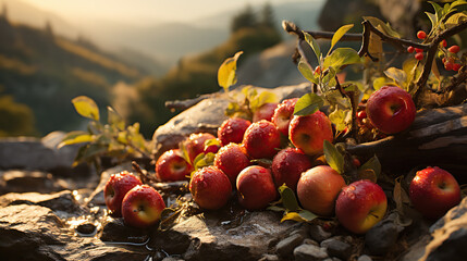 In the autumn harvest, the apples are so fruitful that they cover the tables, the baskets, and the...