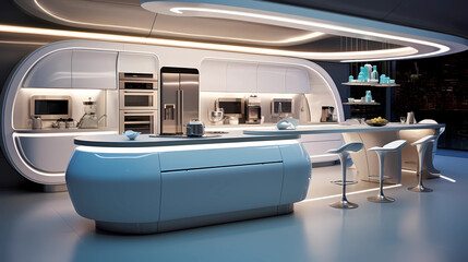 A futuristic kitchen with sleek white surfaces and holographic accents