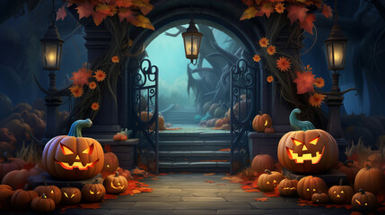 Halloween pumpkins, lanterns, and fallen leaves banner 