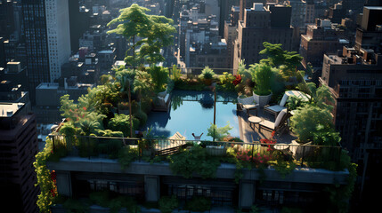 A rooftop garden oasis atop a city skyscraper