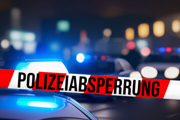 Streifenwagen mit Blaulicht und Polizeiabsperrung