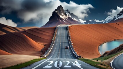 New year 2024 concept. Text 2024 written on the road in the middle of asphalt road - ai generated - 636132543