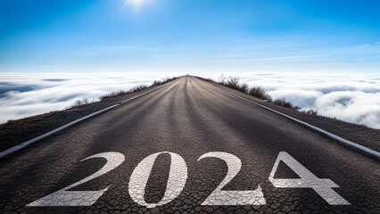 New year 2024 concept. Text 2024 written on the road in the middle of asphalt road - ai generated