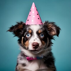 Funny fluffy puppy in party cone on blue background