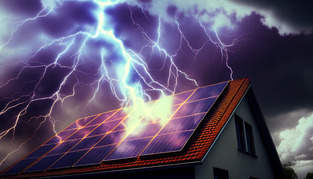 Blitzeinschlag ins Dach mit Solarpanels Photovoltaik Anlage erneuerbare Energie gefahren und Risiko f&uuml;r Versicherung Risikoanalyse Generative AI 