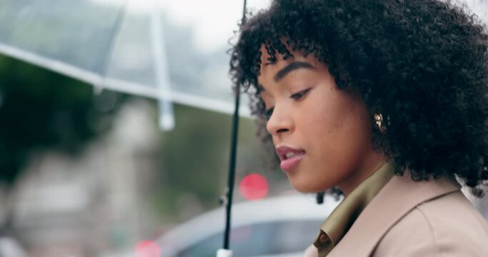 Wave, taxi and umbrella with a woman in the city, calling a cab on her winter commute for travel. Phone, smile and transportation with the face of a happy pedestrian using an app for ride share