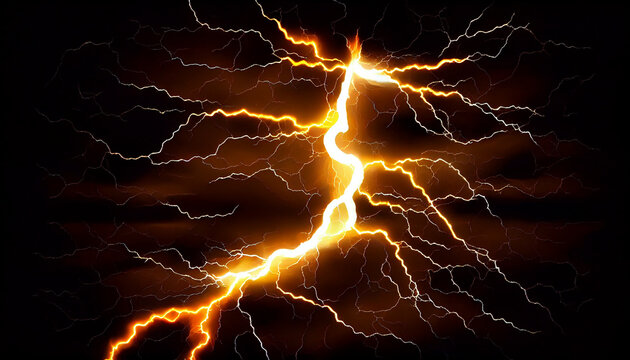 A powerful light blue lightning electrical strike or bolt on a black background, Ai generated image