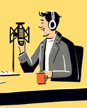 An illustration of a man engaged in an intriguing podcast interview