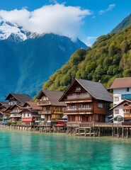 Fototapeta na wymiar The pretty little town of Borneo in Switzerland has wooden houses lined by the sea and beautiful views of the Alps.