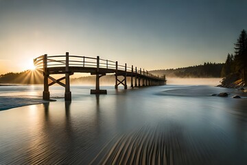 A serene wooden rope bridge suspended over a rushing river