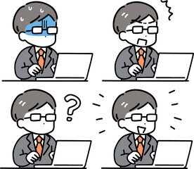 パソコンを使うビジネスマンの表情のセット	