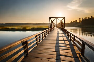 Fototapeta na wymiar A serene wooden rope bridge suspended over a rushing river