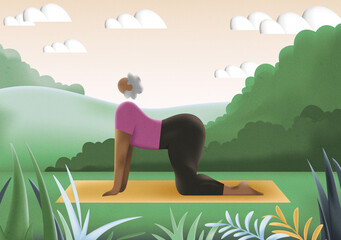 old senior woman doing fitness exercise. Yoga meditation. 