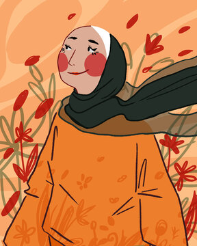 an illustration of a girl in an orange skirt and black Hijab