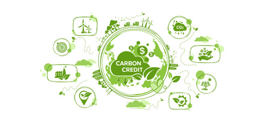 The concept of carbon credit with icons. Tradable certificate to drive industry and company to the direction of low emissions and carbon offset solution. Green vector illustration template.	
 - obrazy, fototapety, plakaty