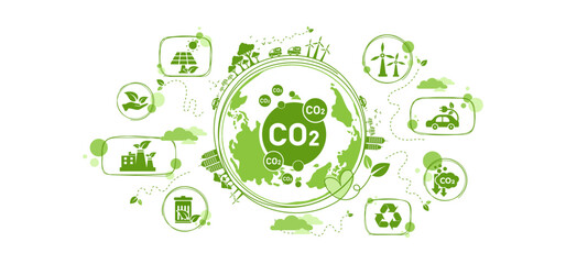 The concept of reduce co2 emission using clean energy and reduce climate change problem with flat icon vector illustration. Green environment templet infographic design for web banner. 