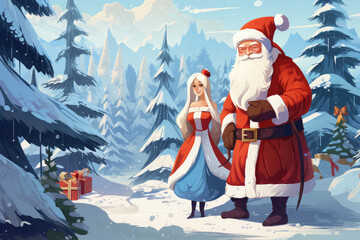Illustration of Russian Ded Moroz and Russian Snow Maiden in the winter forest